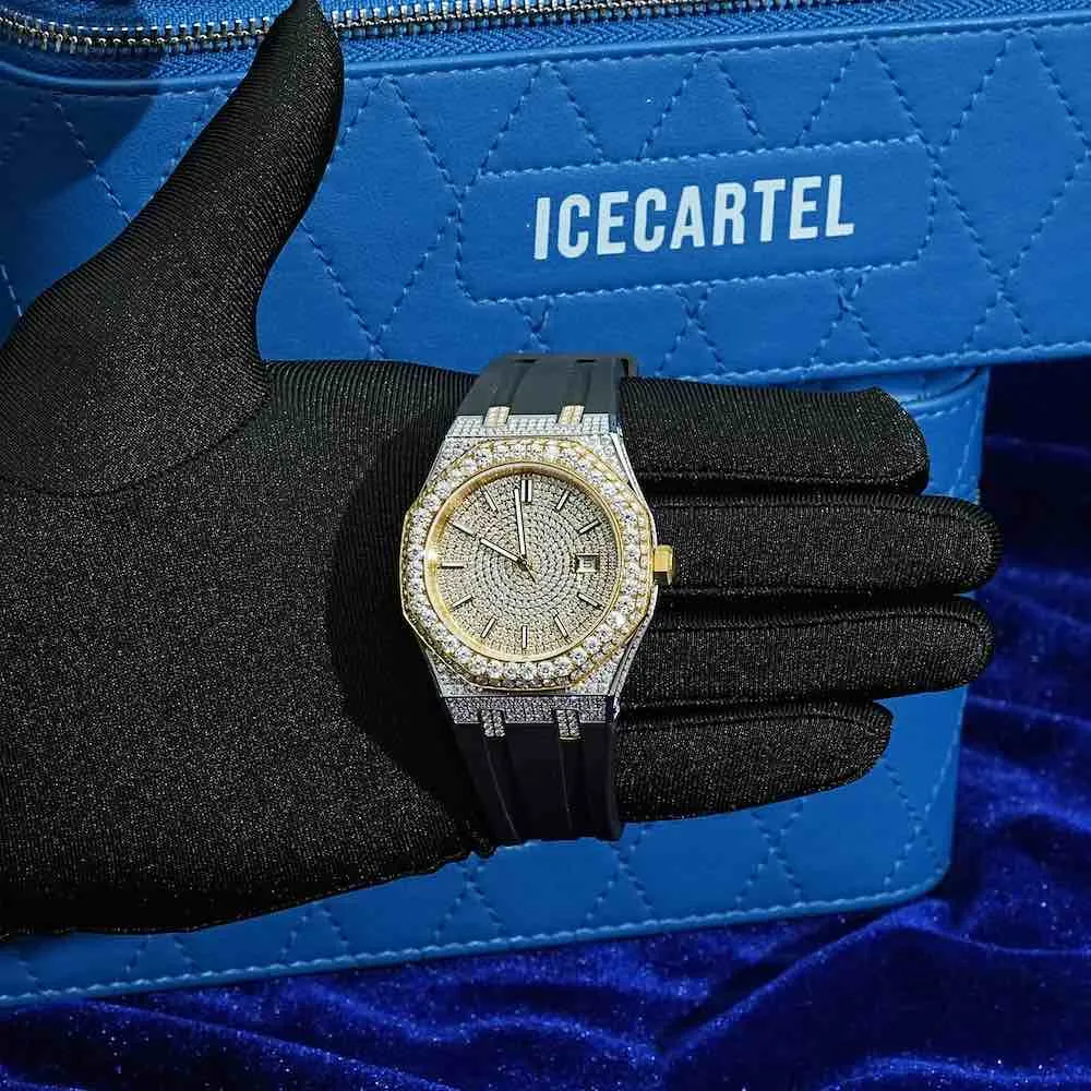 Moissanite Iced Out Silicone Band Watch | 13.5CT | 14K Yellow Gold