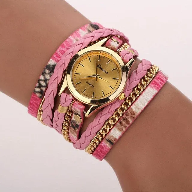 Montre Femme 2016 Hot Selling Womens Watches Leopard PU Leather Bracelet Quartz Watch Braided Winding Wrap Ladies WristWatches
