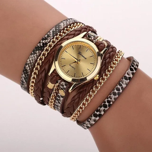 Montre Femme 2016 Hot Selling Womens Watches Leopard PU Leather Bracelet Quartz Watch Braided Winding Wrap Ladies WristWatches