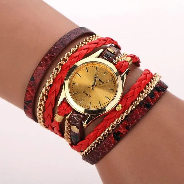 Montre Femme 2016 Hot Selling Womens Watches Leopard PU Leather Bracelet Quartz Watch Braided Winding Wrap Ladies WristWatches
