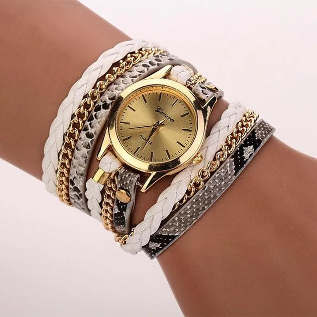 Montre Femme 2016 Hot Selling Womens Watches Leopard PU Leather Bracelet Quartz Watch Braided Winding Wrap Ladies WristWatches