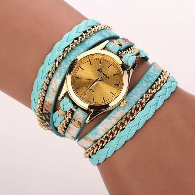 Montre Femme 2016 Hot Selling Womens Watches Leopard PU Leather Bracelet Quartz Watch Braided Winding Wrap Ladies WristWatches