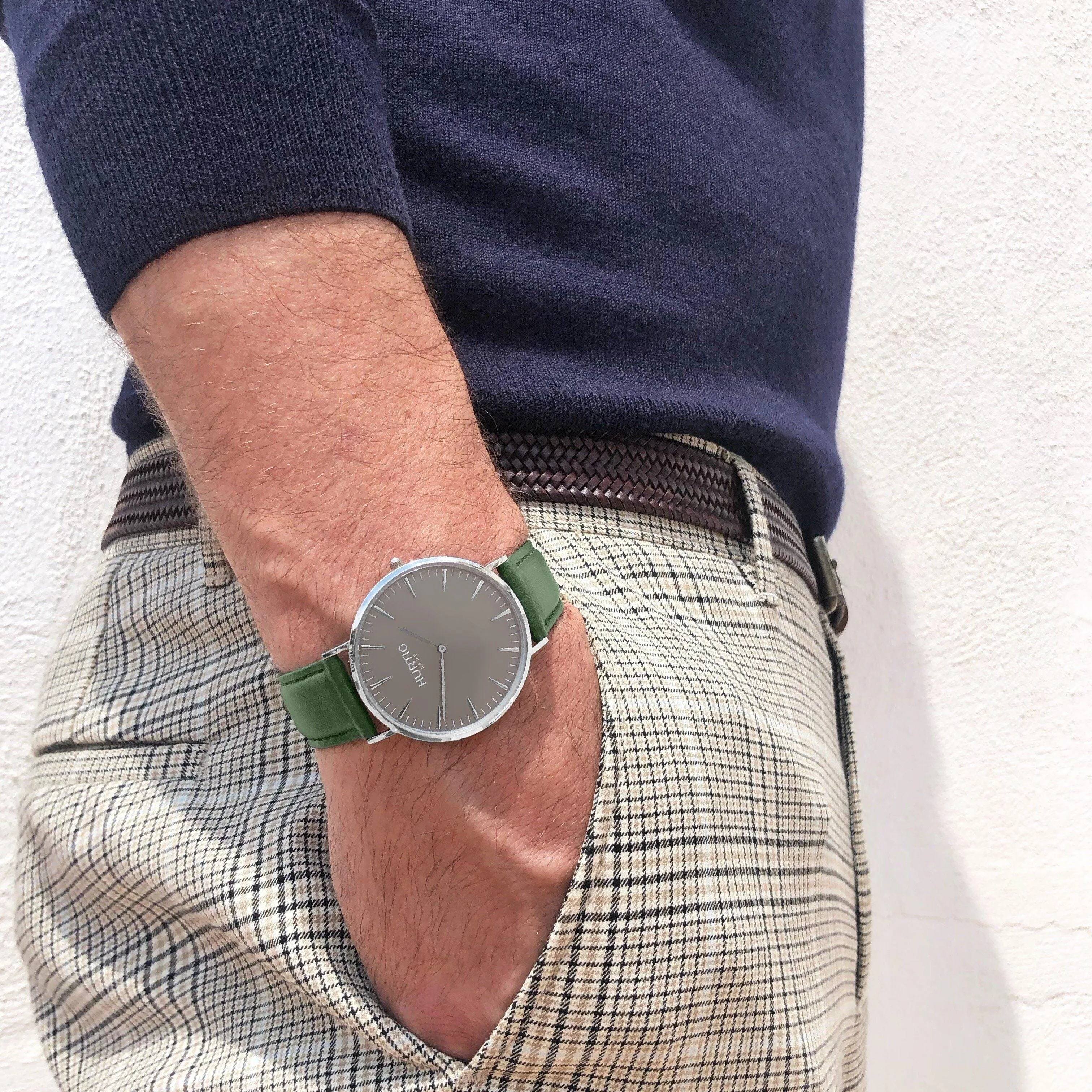 Mykonos CACTUS Leather Watch Silver, Grey & Green