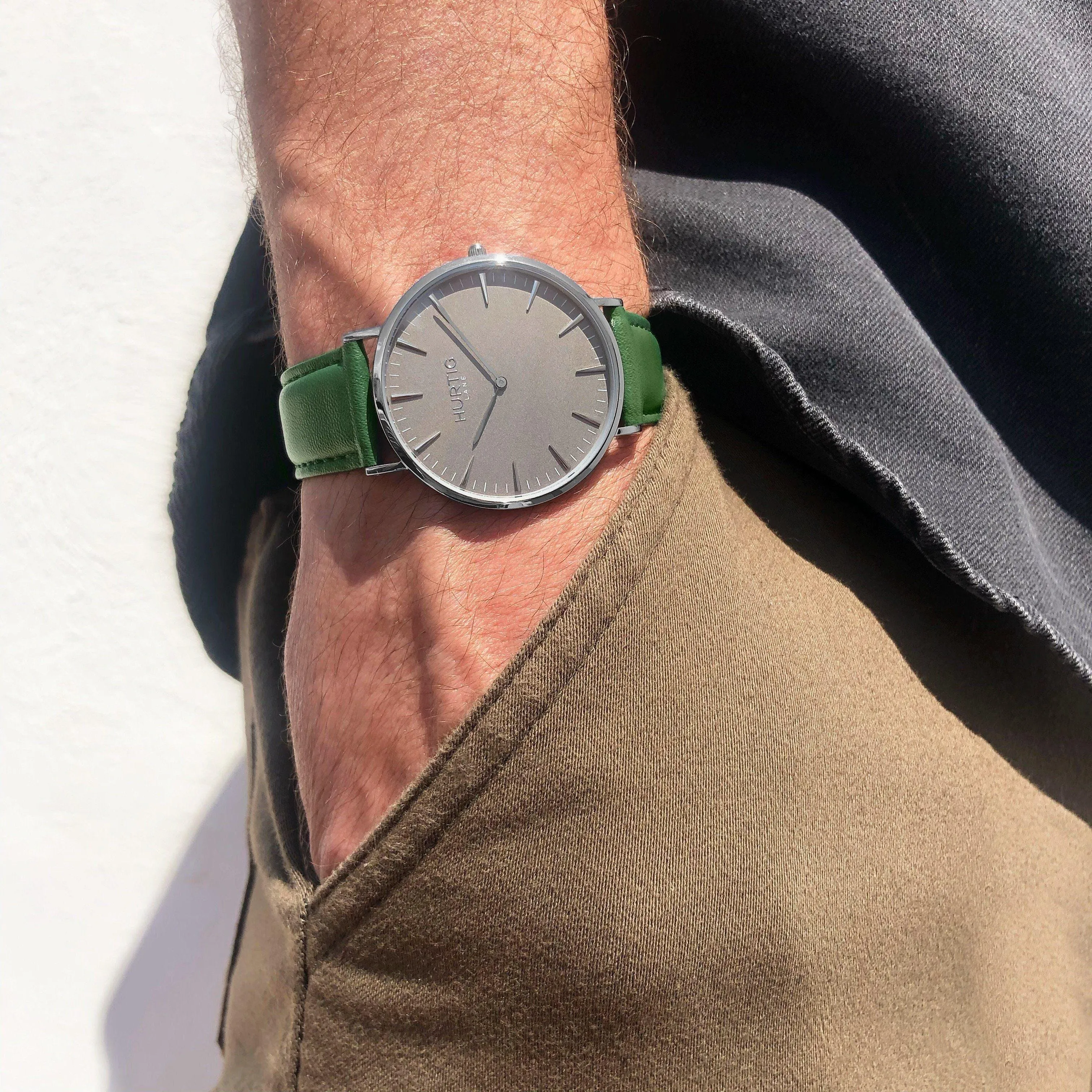 Mykonos CACTUS Leather Watch Silver, Grey & Green