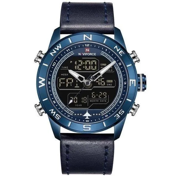 NAVIFORCE 9144 Fashion Gold Men Sport Watches Men's LED Analog Digital Watch Army Military Leather Quartz Watch Relogio Masculino