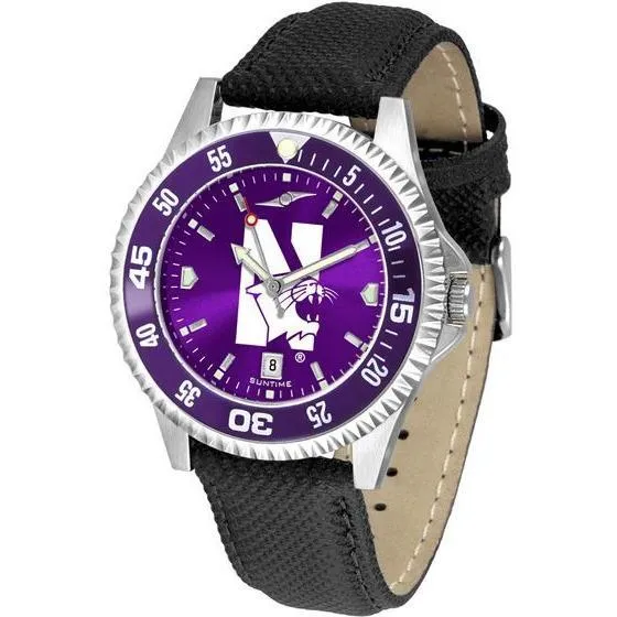 Northwestern Wildcats Mens Competitor Ano Poly/Leather Band Watch w/ Colored Bezel