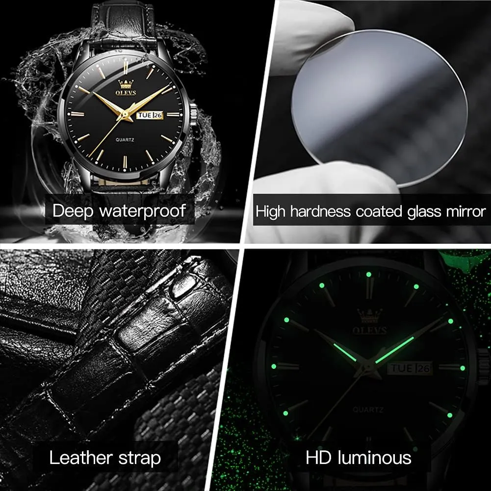 OLEVS Watches for Men Brown Leather Gold Case Analog Quartz Fashion Business Dress Watch Day Date Luminous Waterproof Casual Male Wrist Watches