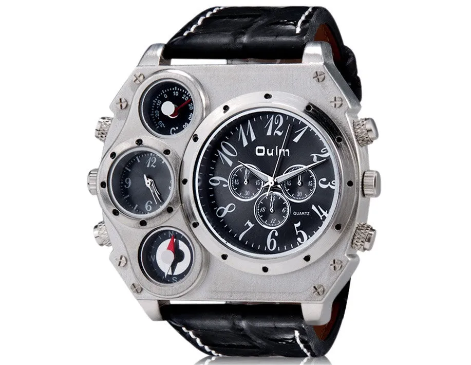 Oulm 1349 Men's Dual Movement Sports military Watch with Compass & Thermometer decoration black dial big size 5.8cm diameter