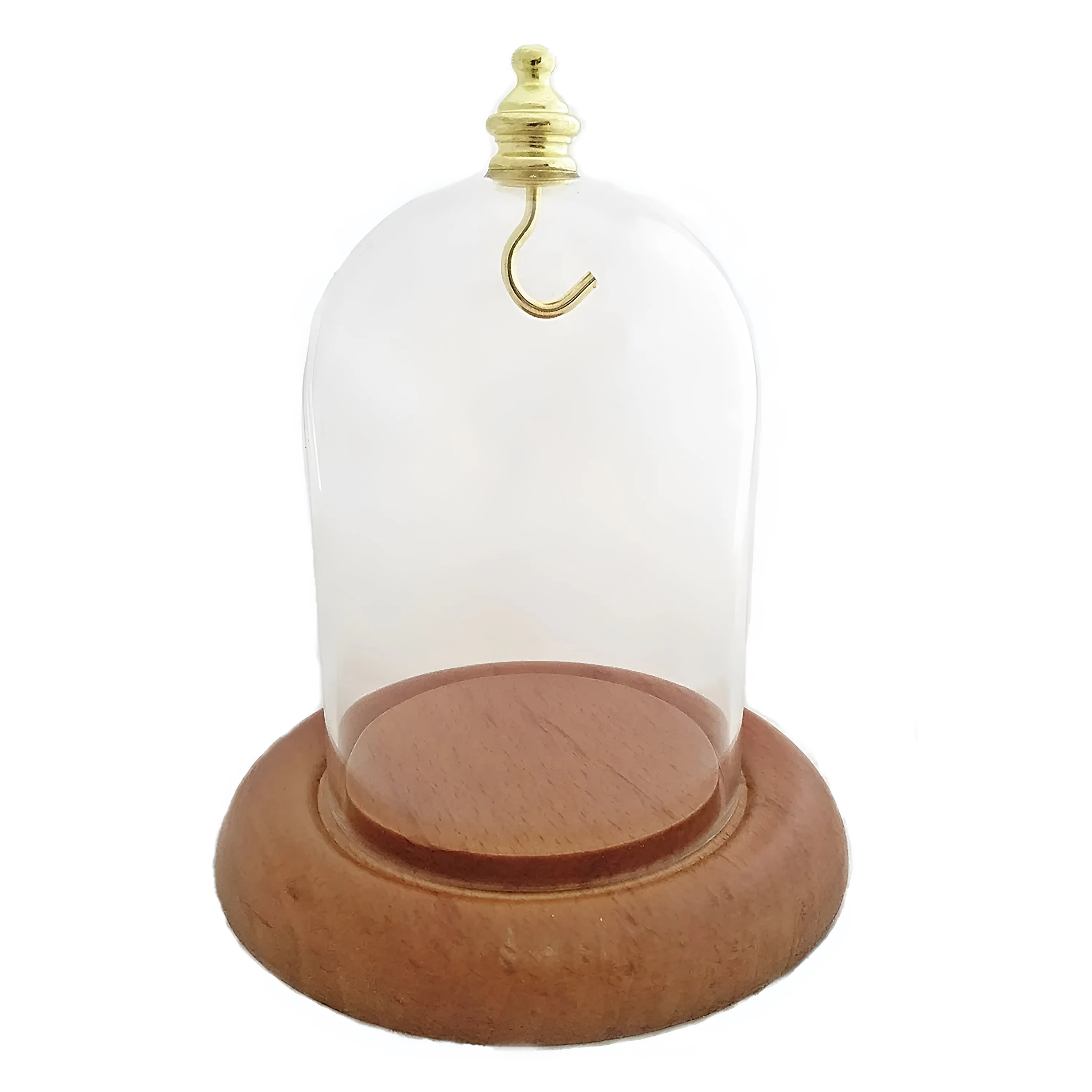 Pocket Watch Glass Display Dome Cloche Oak Wood Base & Brass (Gold) Hook 3"x4"