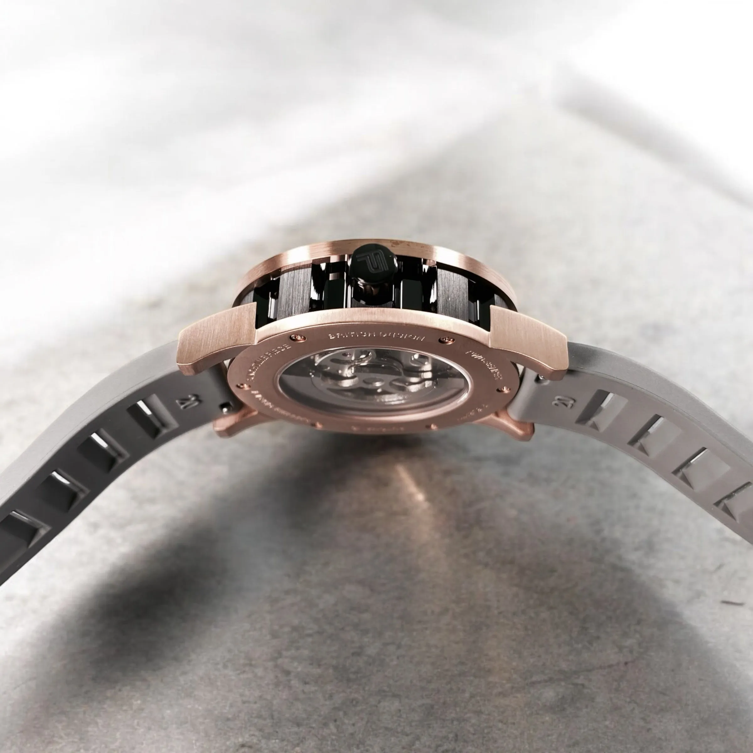 PUNCH Mens Watch, Rose Gold & Black Skeleton Automatic Watch - Grey Rubber Strap