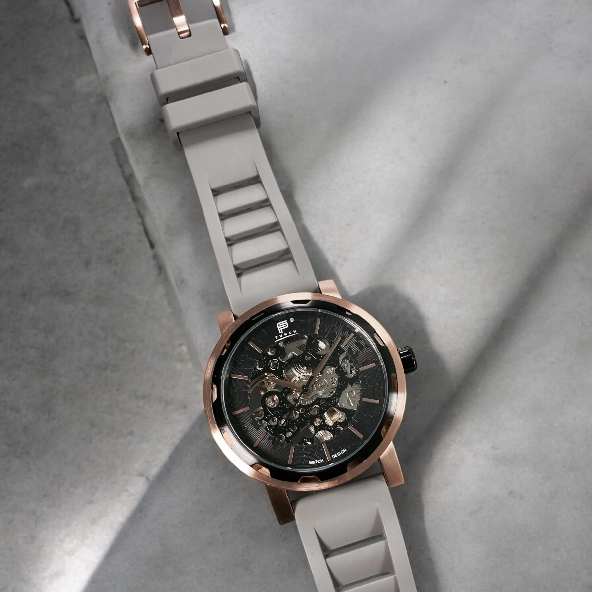 PUNCH Mens Watch, Rose Gold & Black Skeleton Automatic Watch - Grey Rubber Strap