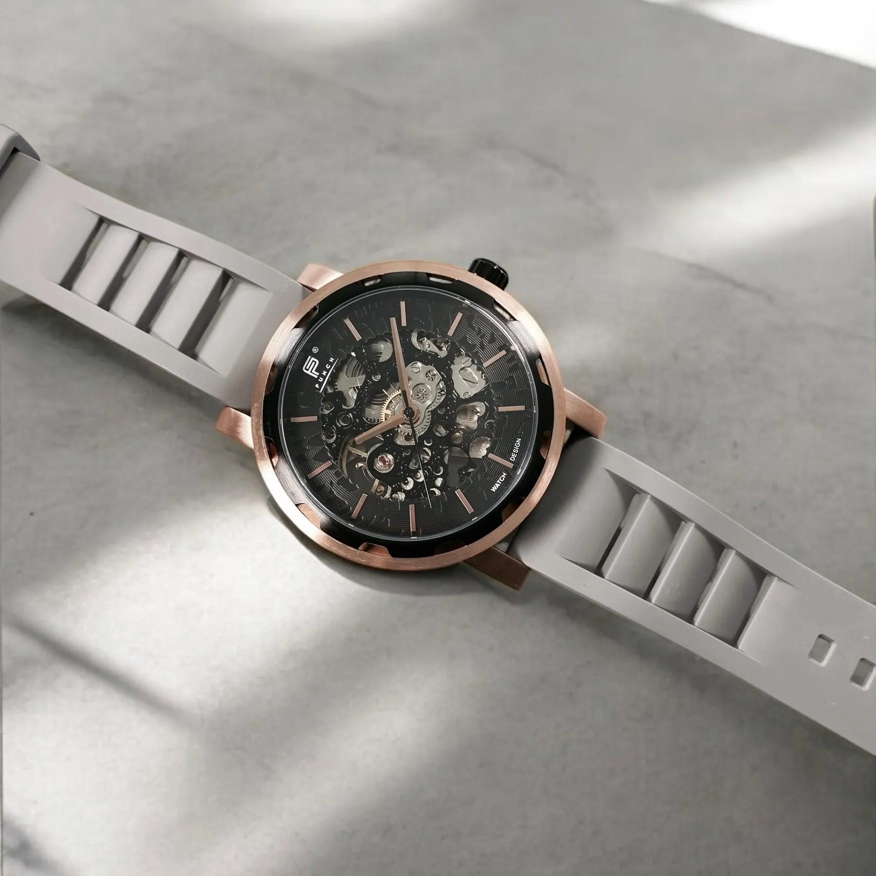 PUNCH Mens Watch, Rose Gold & Black Skeleton Automatic Watch - Grey Rubber Strap