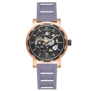 PUNCH Mens Watch, Rose Gold & Black Skeleton Automatic Watch - Grey Rubber Strap