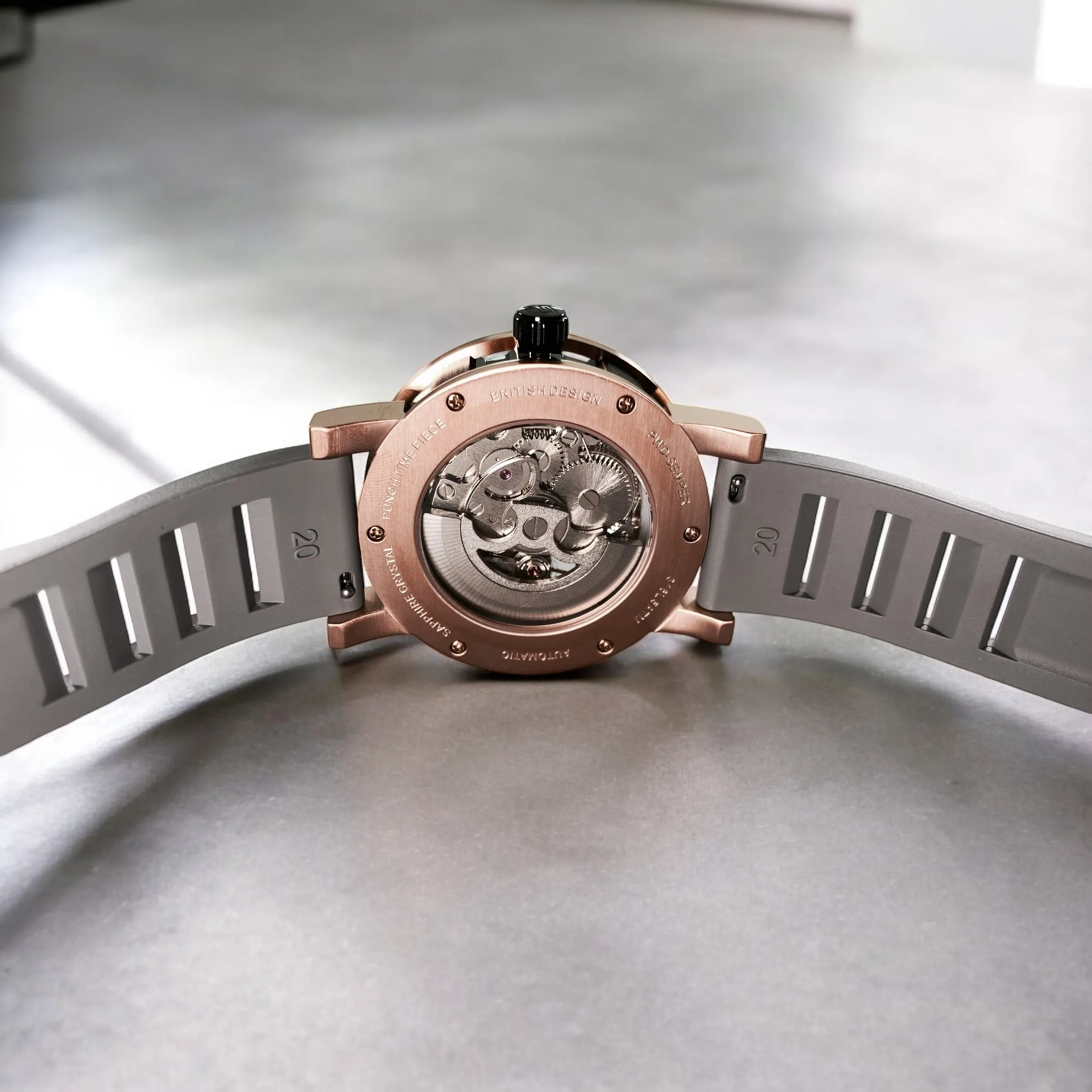 PUNCH Mens Watch, Rose Gold & Black Skeleton Automatic Watch - Grey Rubber Strap