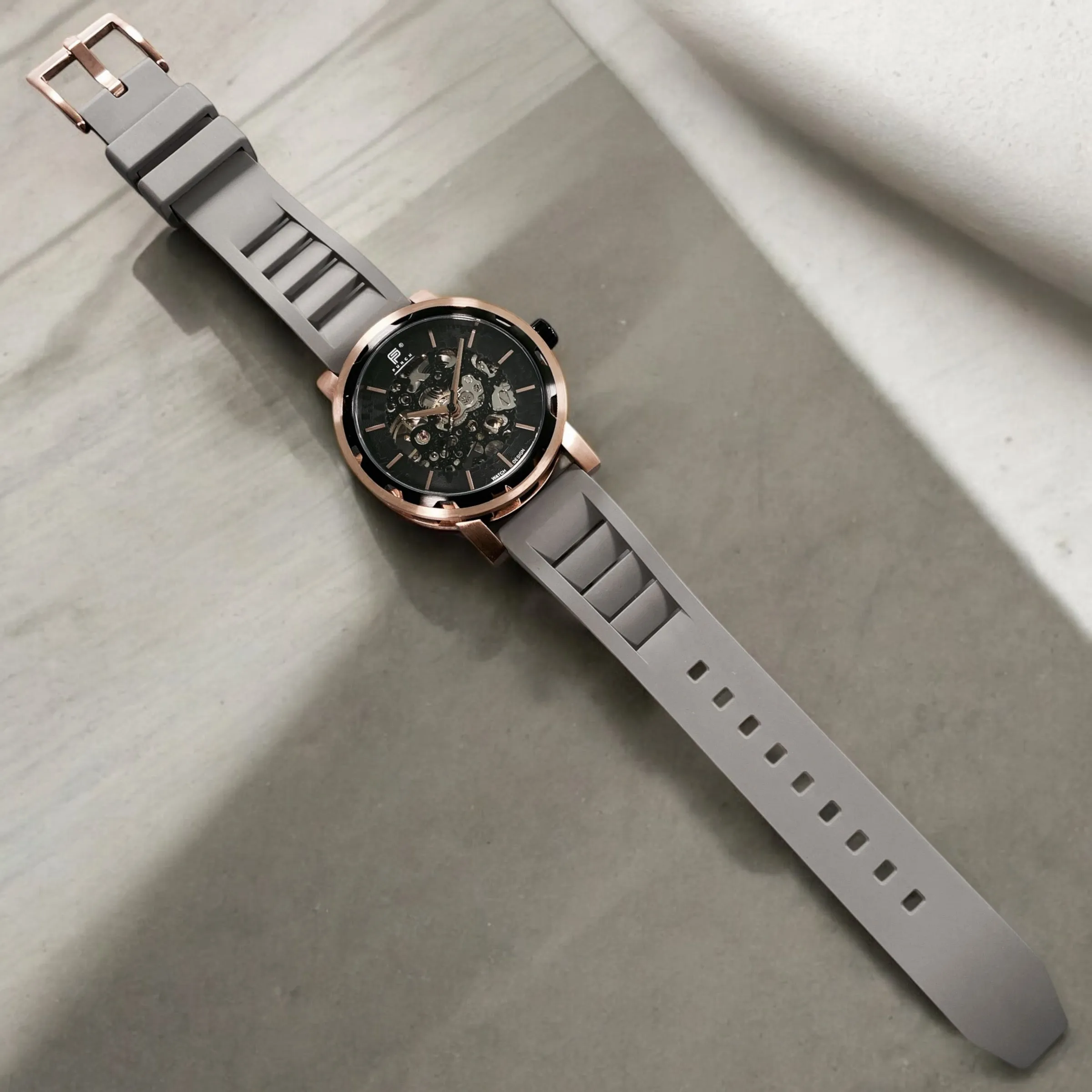 PUNCH Mens Watch, Rose Gold & Black Skeleton Automatic Watch - Grey Rubber Strap