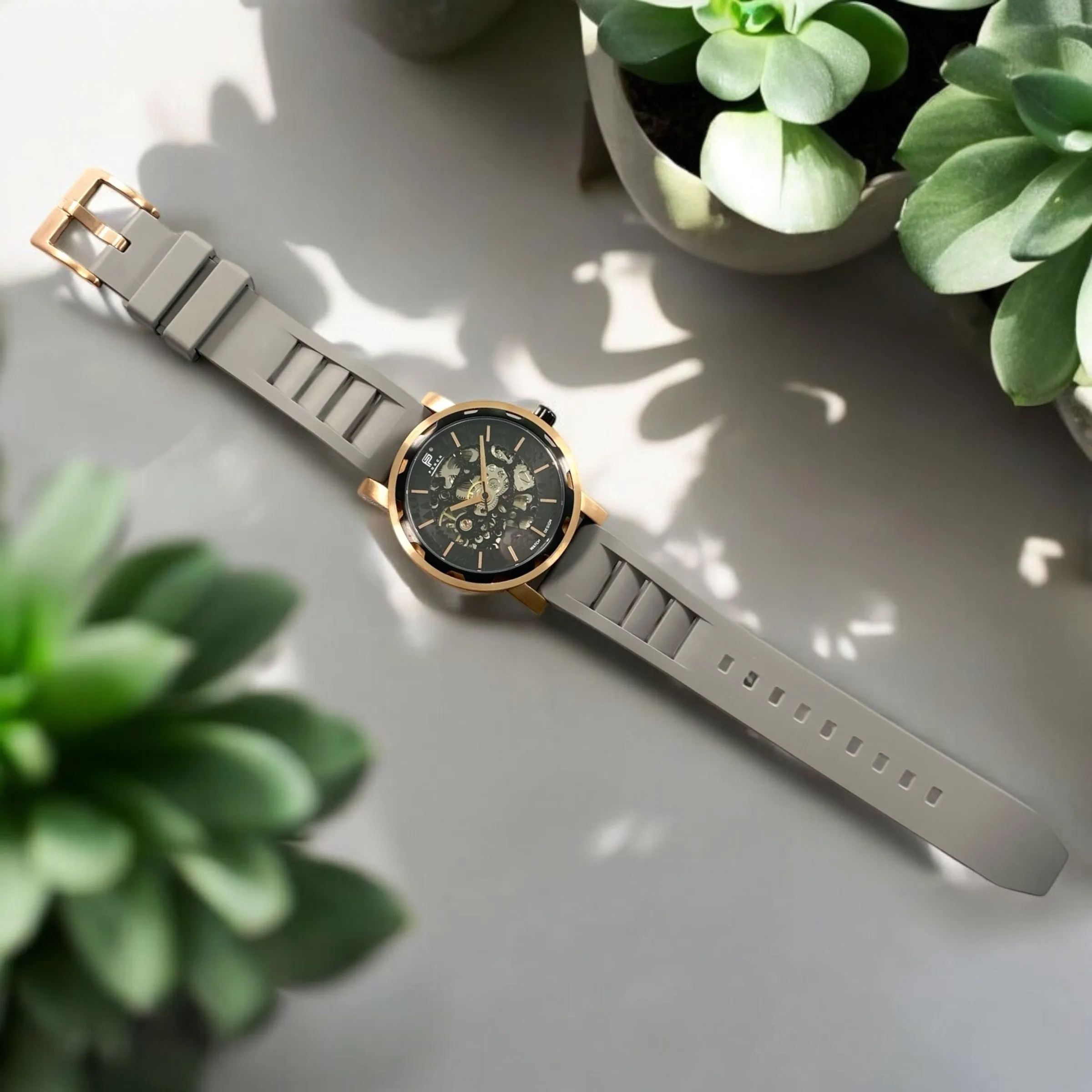 PUNCH Mens Watch, Rose Gold & Black Skeleton Automatic Watch - Grey Rubber Strap