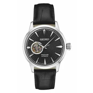 Seiko Mens Black Leather Band Black Quartz Dial Watch - SSA359