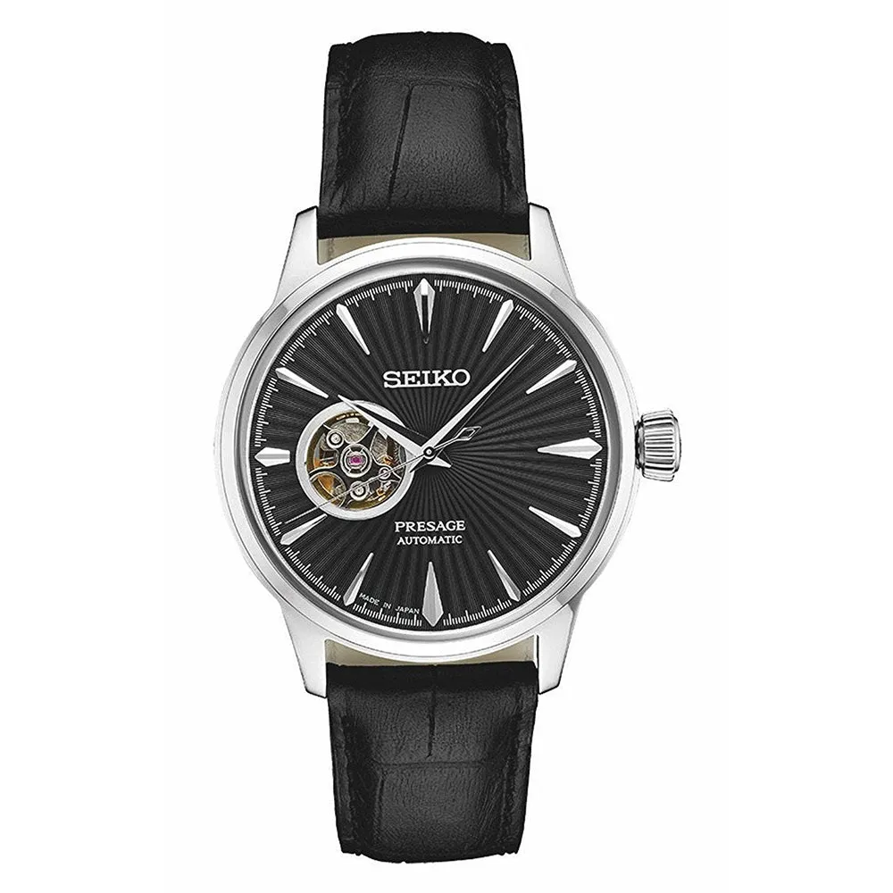 Seiko Mens Black Leather Band Black Quartz Dial Watch - SSA359
