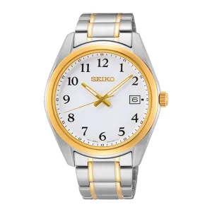 Seiko Mens White Dial Silver Gold Band Stainless Steel Quartz Watch - SUR460
