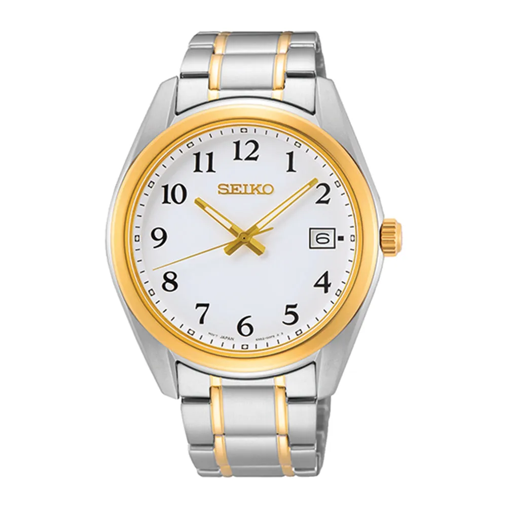 Seiko Mens White Dial Silver Gold Band Stainless Steel Quartz Watch - SUR460