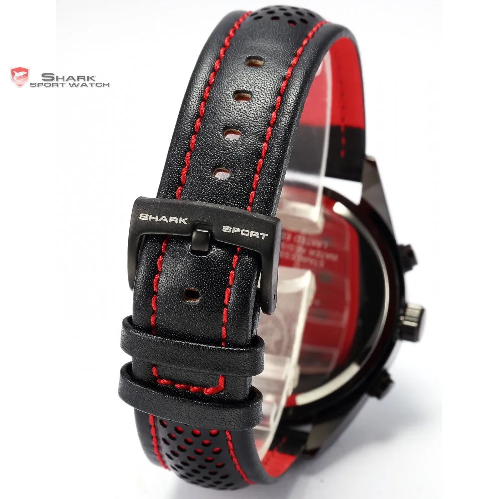 SHARK Sport Watch Mens 6 Hands Reloj Hombre Date Day Steel Case Leather Band Analog Quartz Movement Waterproof Watches