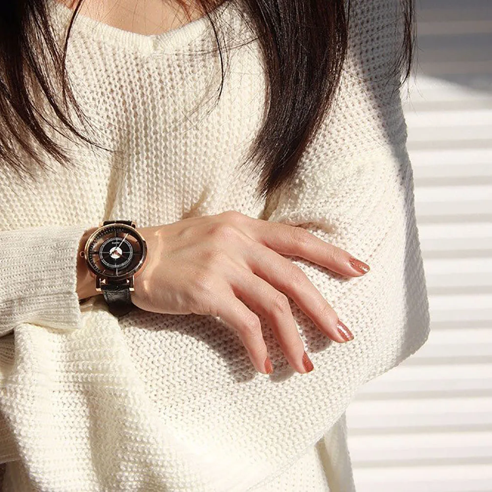 Sidiou Group Hot Sale Fashion Women Watch Gift Girls Luxury Unique Stylish Double Hollow Lady Watches Elegant Casual Black Quartz Wristwatch