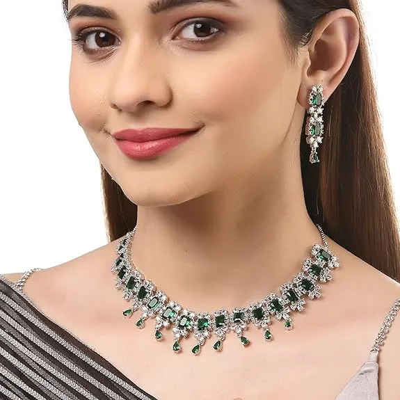 Square Shaped Silver Toned Diamond Stone Studded Necklace Jewellery With Earrings