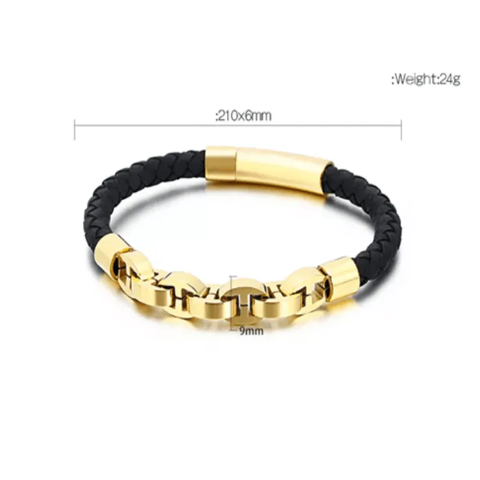 Stainless Steel Titanium Braided Genuine Leather Bracelet