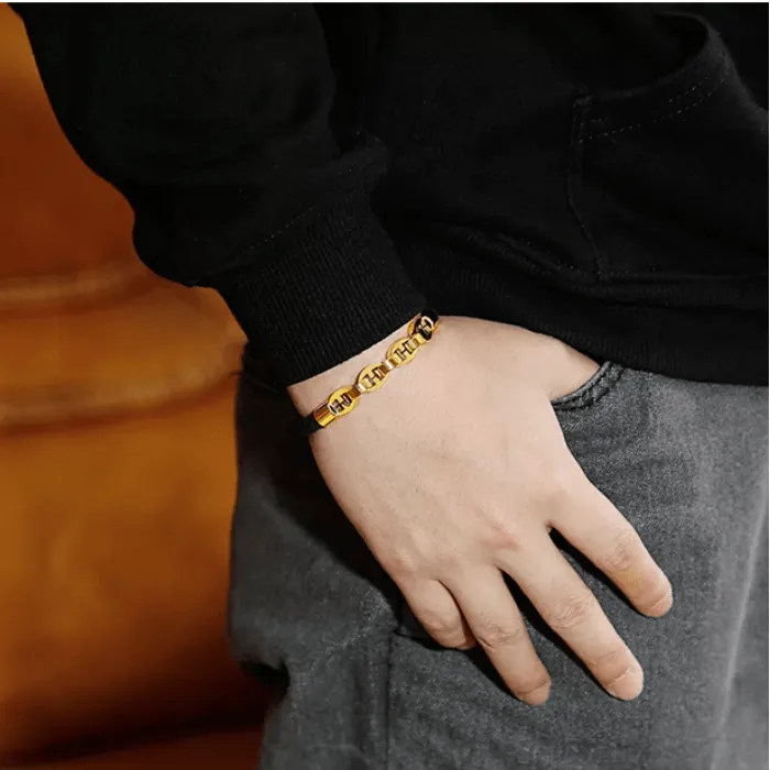 Stainless Steel Titanium Braided Genuine Leather Bracelet