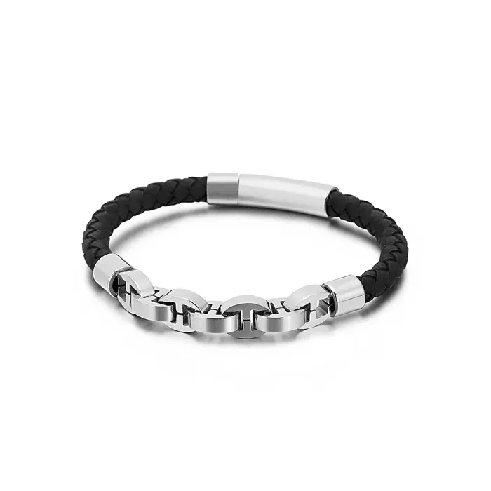 Stainless Steel Titanium Braided Genuine Leather Bracelet