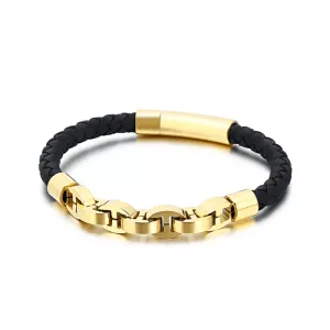 Stainless Steel Titanium Braided Genuine Leather Bracelet
