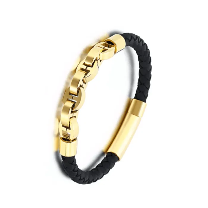 Stainless Steel Titanium Braided Genuine Leather Bracelet