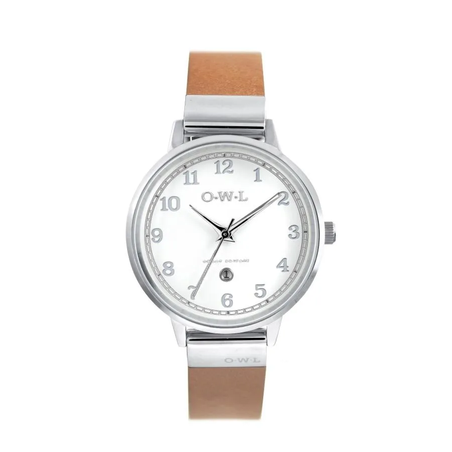 SUTTON LADIES ANALOGUE WATCH WITH WHITE DIAL ON A POLSIHED SILVER CASE & TAN LEATHER STRAP