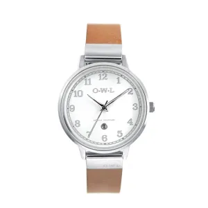 SUTTON LADIES ANALOGUE WATCH WITH WHITE DIAL ON A POLSIHED SILVER CASE & TAN LEATHER STRAP