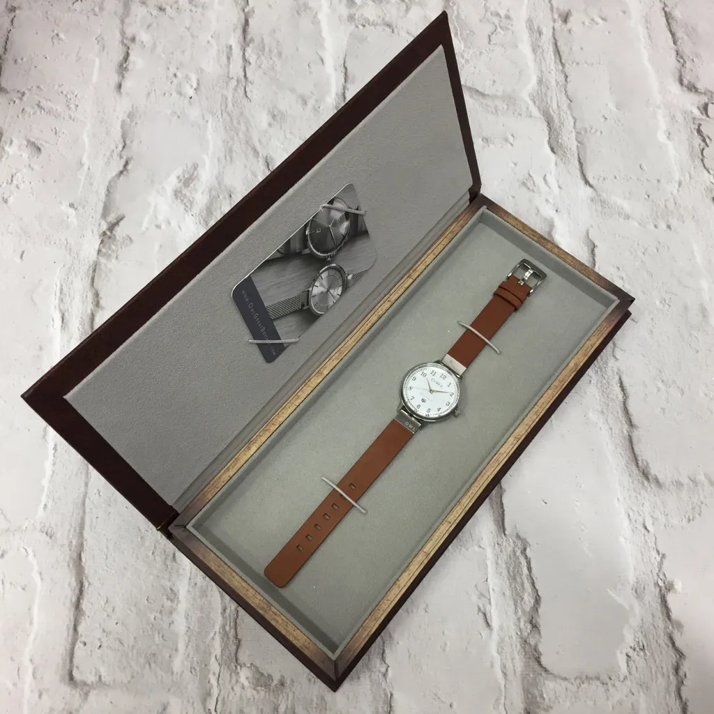 SUTTON LADIES ANALOGUE WATCH WITH WHITE DIAL ON A POLSIHED SILVER CASE & TAN LEATHER STRAP