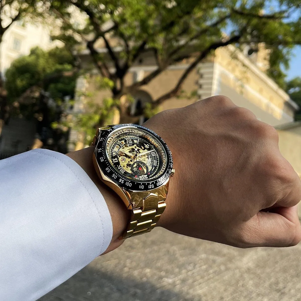 Top Brand Luxury Mechanical Sport Design Bezel Golden Automatic Skeleton Watch