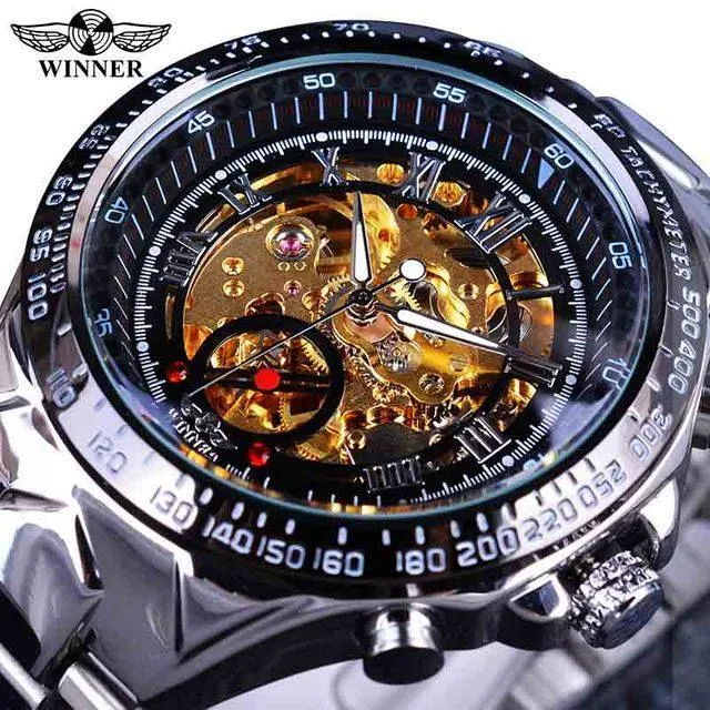 Top Brand Luxury Mechanical Sport Design Bezel Golden Automatic Skeleton Watch