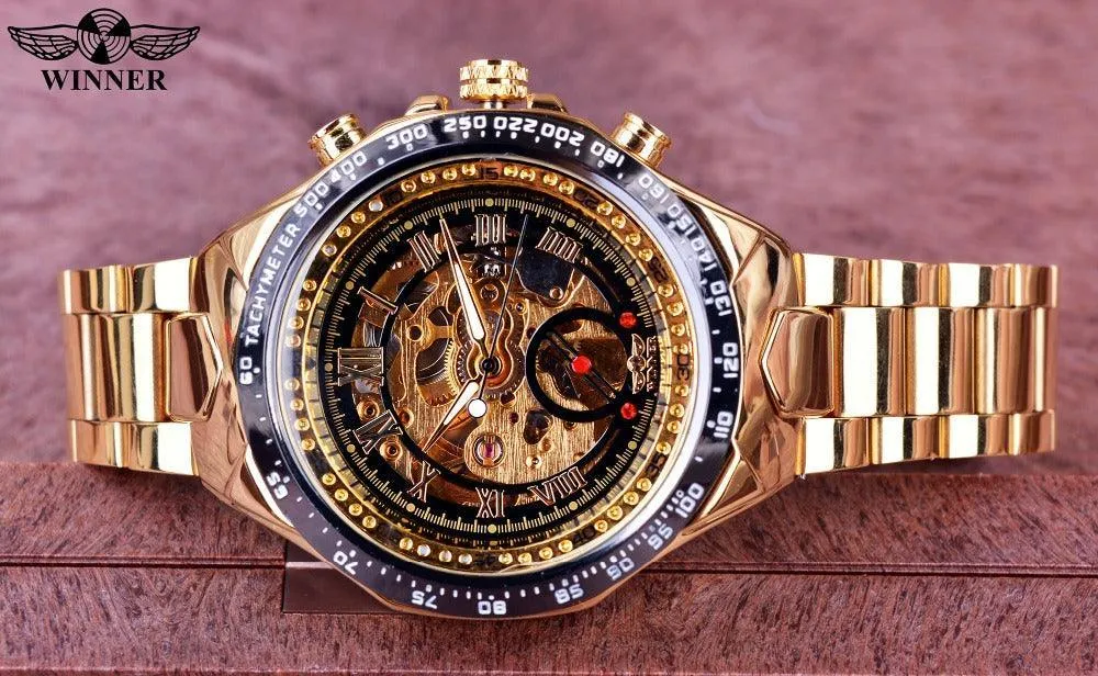 Top Brand Luxury Mechanical Sport Design Bezel Golden Automatic Skeleton Watch