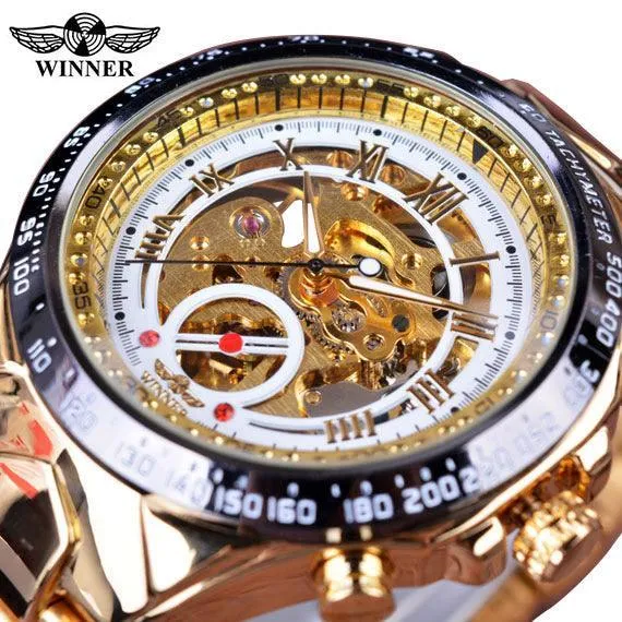 Top Brand Luxury Mechanical Sport Design Bezel Golden Automatic Skeleton Watch