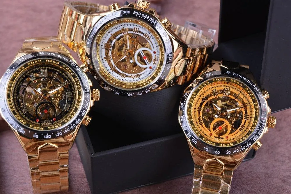 Top Brand Luxury Mechanical Sport Design Bezel Golden Automatic Skeleton Watch