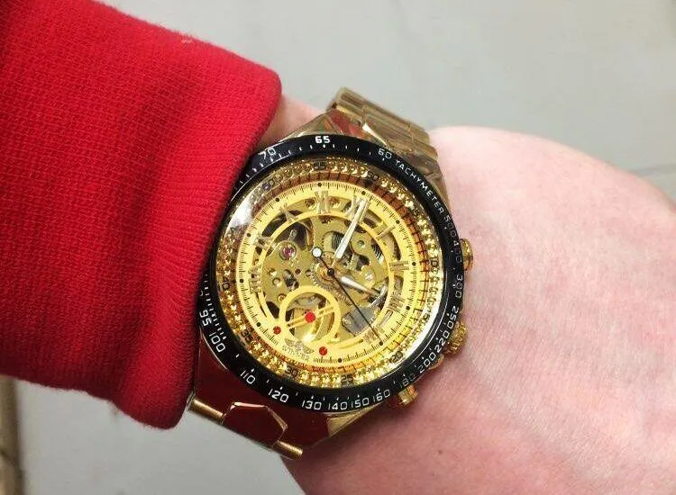Top Brand Luxury Mechanical Sport Design Bezel Golden Automatic Skeleton Watch