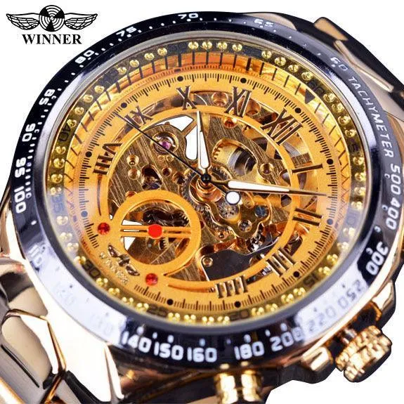 Top Brand Luxury Mechanical Sport Design Bezel Golden Automatic Skeleton Watch