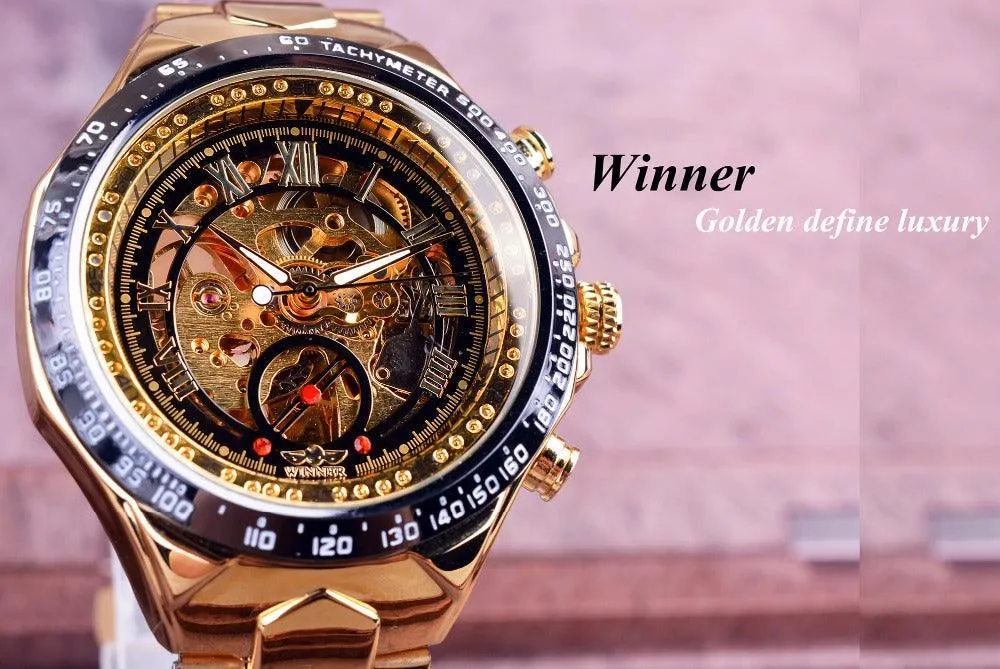 Top Brand Luxury Mechanical Sport Design Bezel Golden Automatic Skeleton Watch