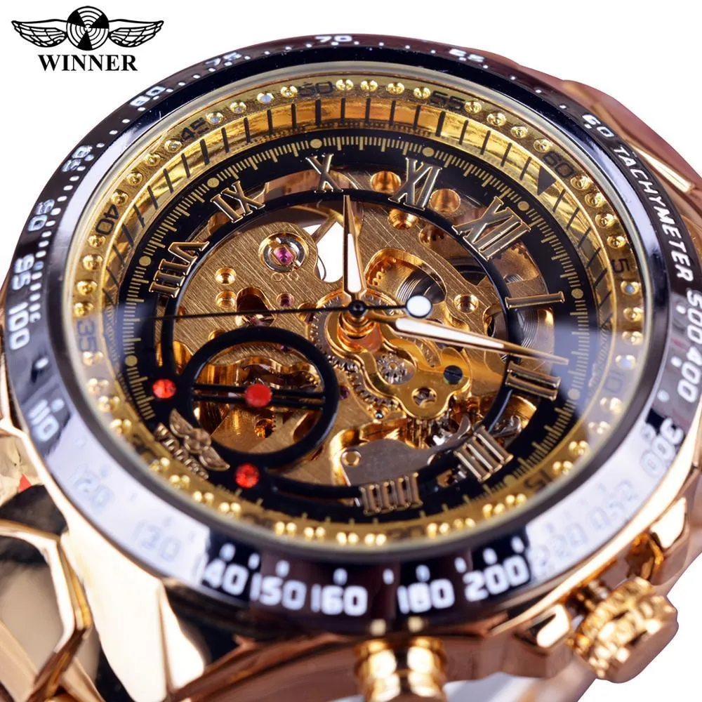 Top Brand Luxury Mechanical Sport Design Bezel Golden Automatic Skeleton Watch