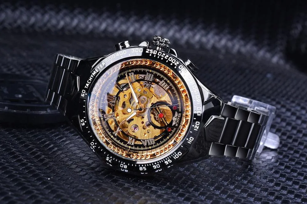 Top Brand Luxury Mechanical Sport Design Bezel Golden Automatic Skeleton Watch