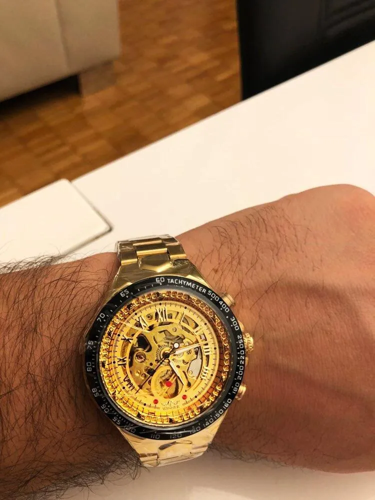 Top Brand Luxury Mechanical Sport Design Bezel Golden Automatic Skeleton Watch