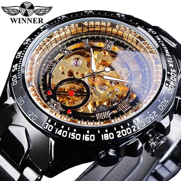 Top Brand Luxury Mechanical Sport Design Bezel Golden Automatic Skeleton Watch