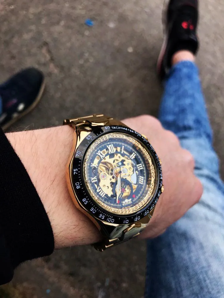 Top Brand Luxury Mechanical Sport Design Bezel Golden Automatic Skeleton Watch