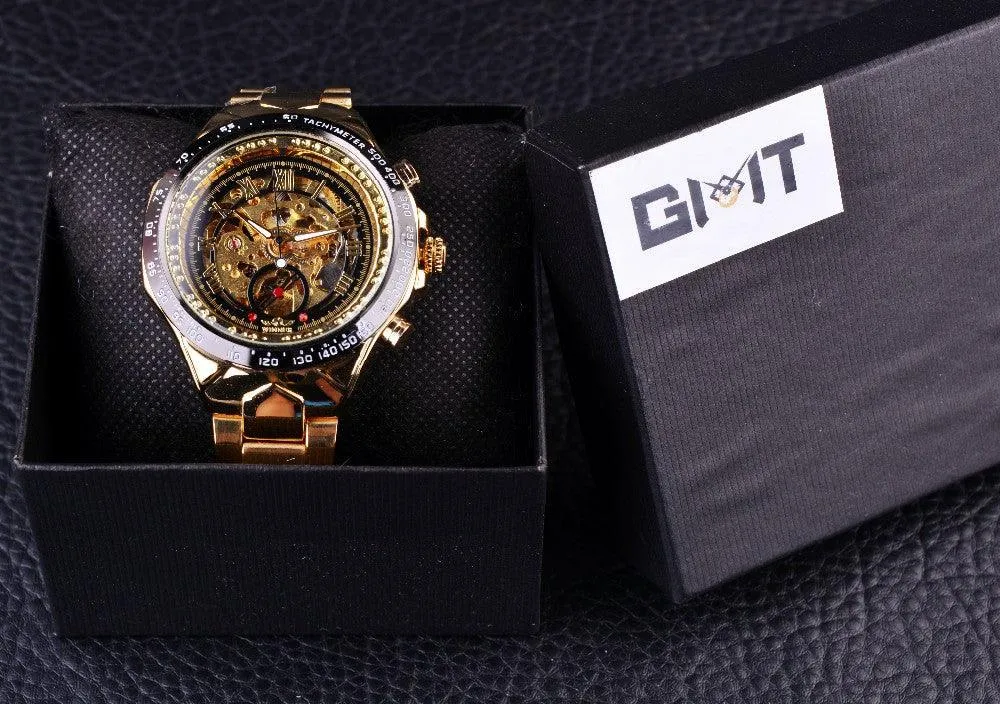 Top Brand Luxury Mechanical Sport Design Bezel Golden Automatic Skeleton Watch