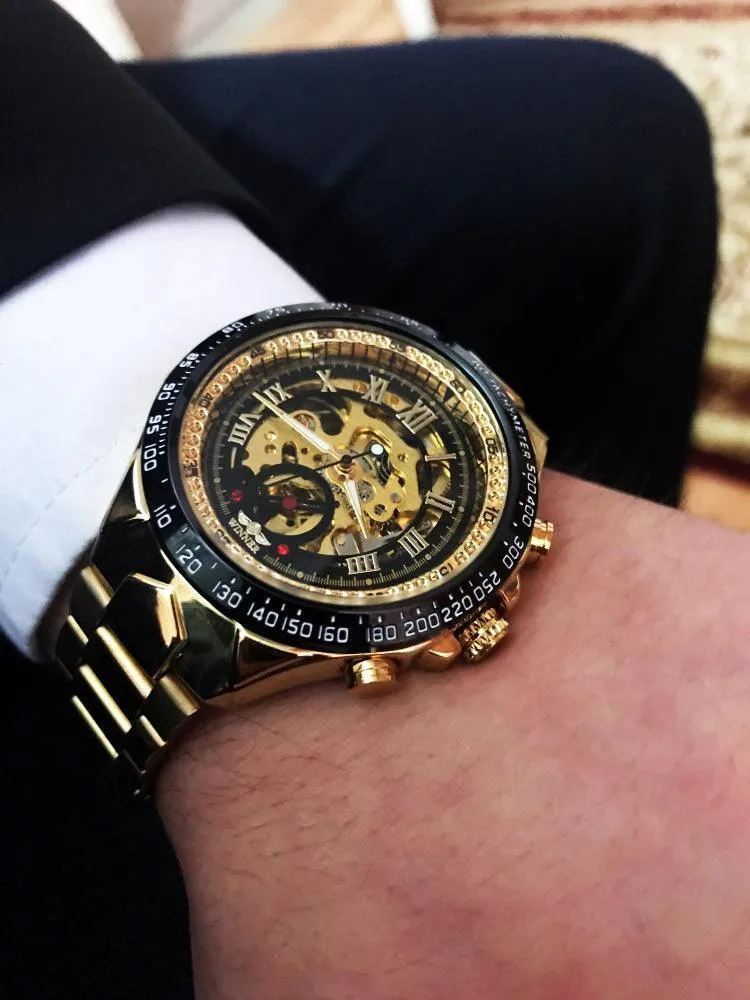 Top Brand Luxury Mechanical Sport Design Bezel Golden Automatic Skeleton Watch